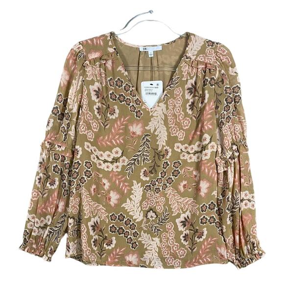 DR2 Tops - NEW Women's Small Brown and Pink Ruffle Long Sleeve Floral V-Neck Blouse Top